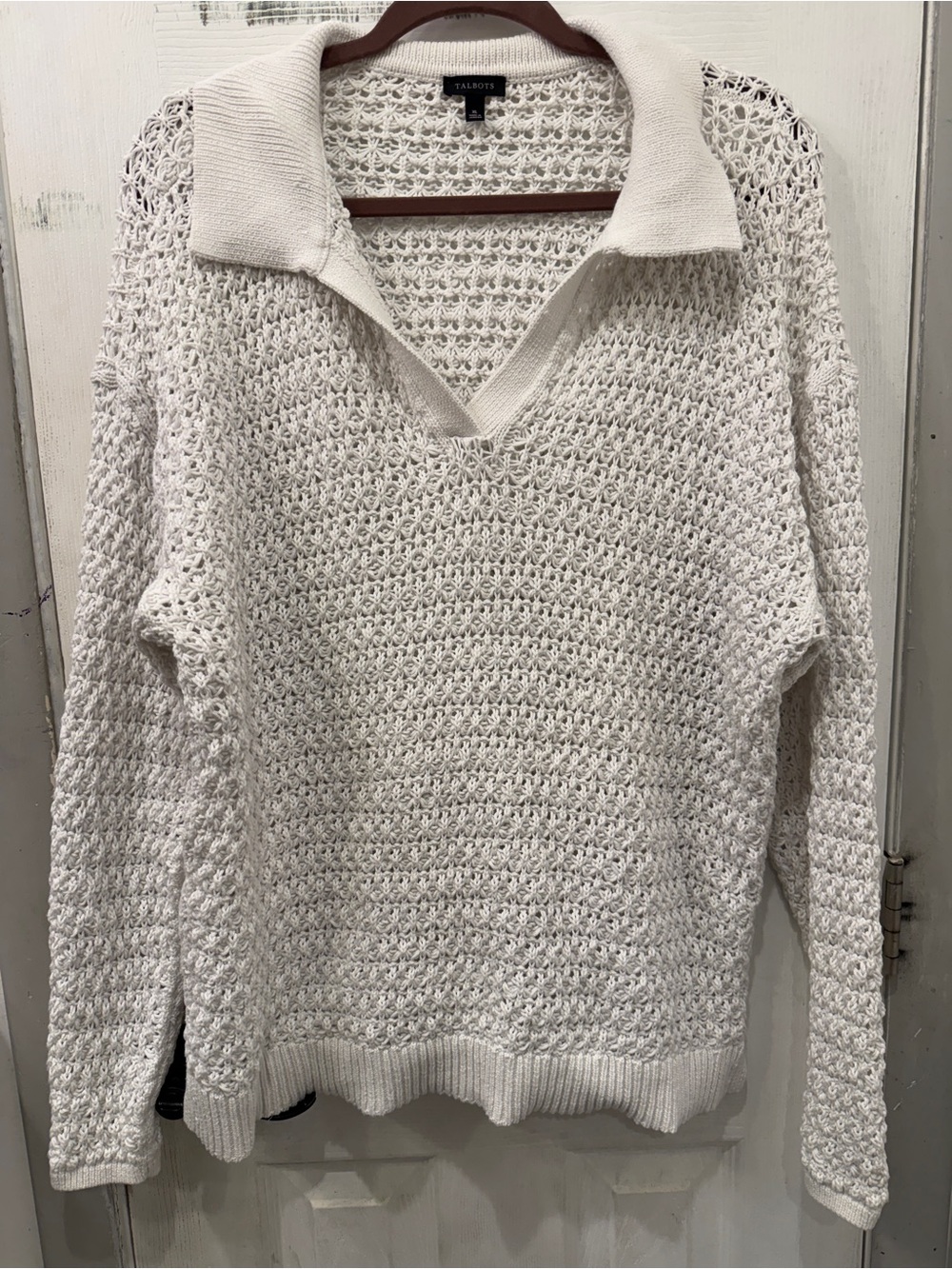 Talbots White Open-Knit V-Neck Polo Sweater